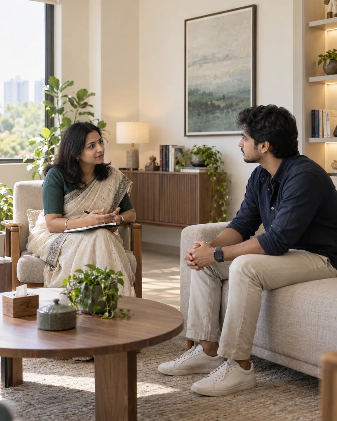 Young adult speaking with a mental-health clinician during an ADHD consultation