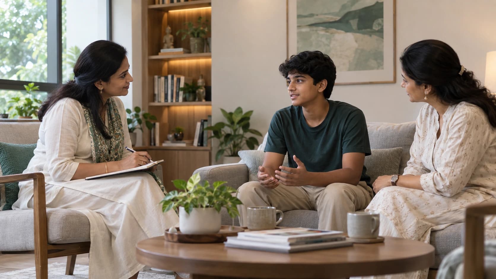Adolescent patient speaking with a mental-health clinician alongside a parent or caregiver