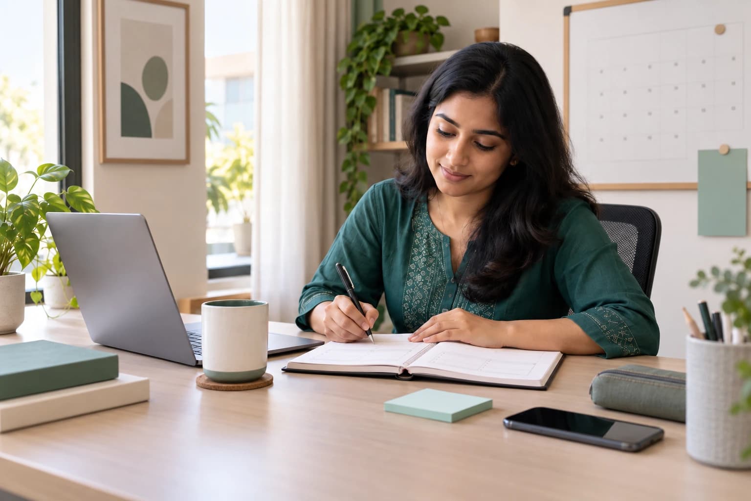 Adult using a planner and laptop as part of a simple external system for organising daily tasks