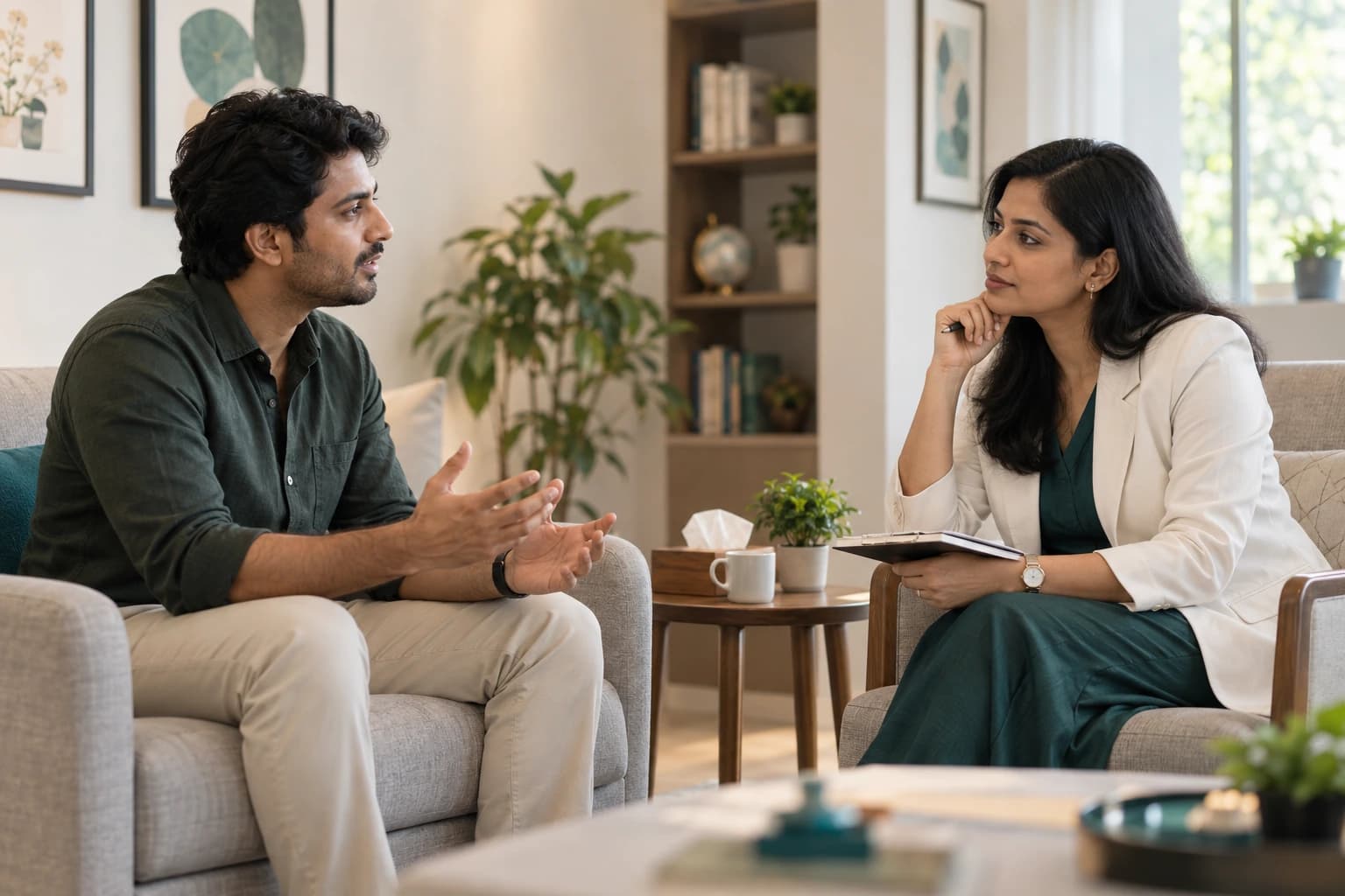 Adult patient discussing attention and daily-life difficulties with a mental-health clinician during an ADHD assessment