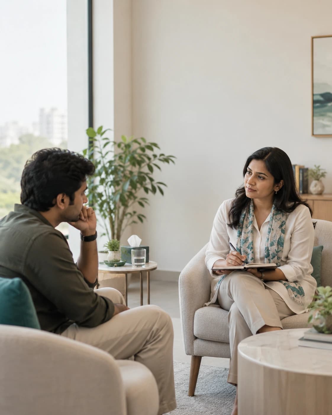 Adult patient speaking with a mental-health clinician during an ADHD consultation