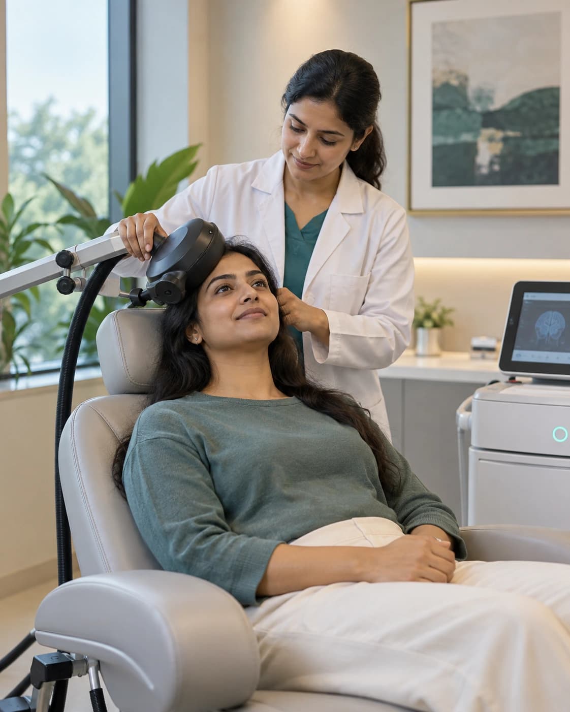 Clinician positioning an rTMS coil for an awake patient in a mental health clinic