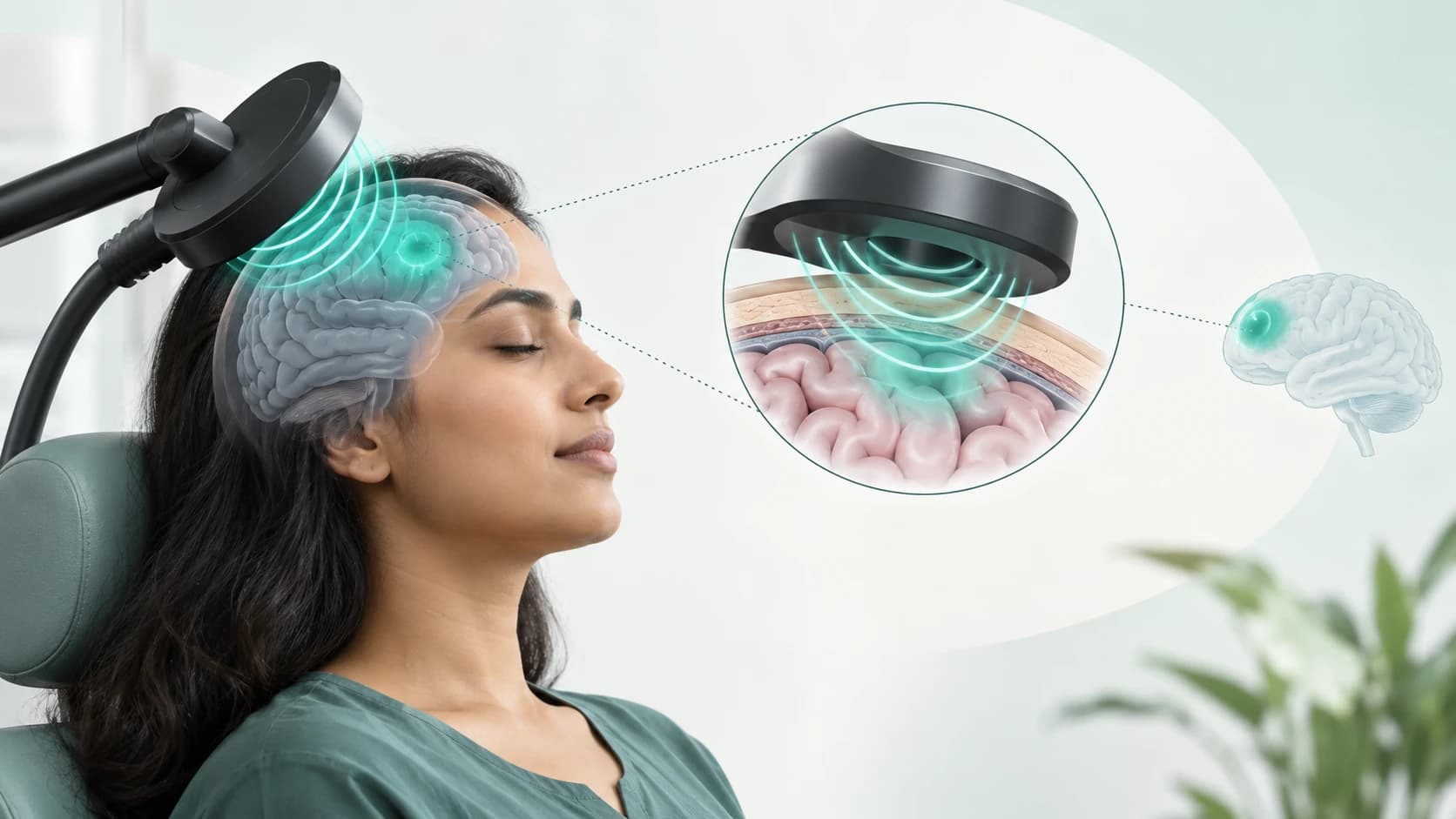 Illustration showing magnetic stimulation from an rTMS coil reaching a targeted area of the brain