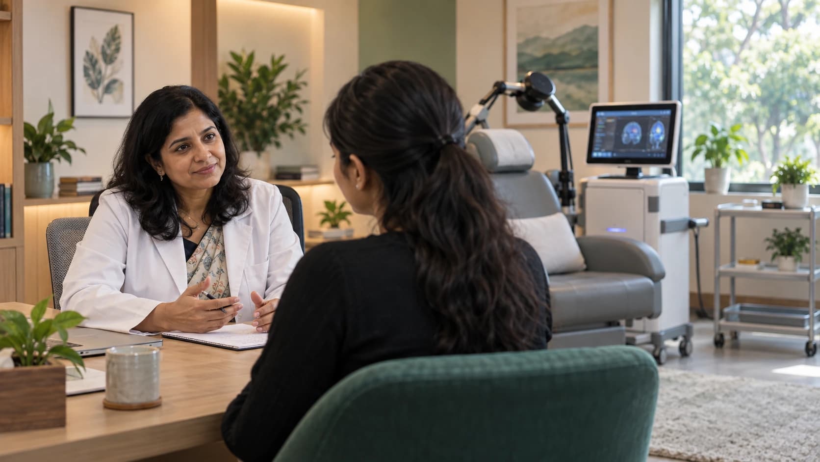 Psychiatrist discussing treatment with a patient in a clinic with rTMS equipment visible in the background