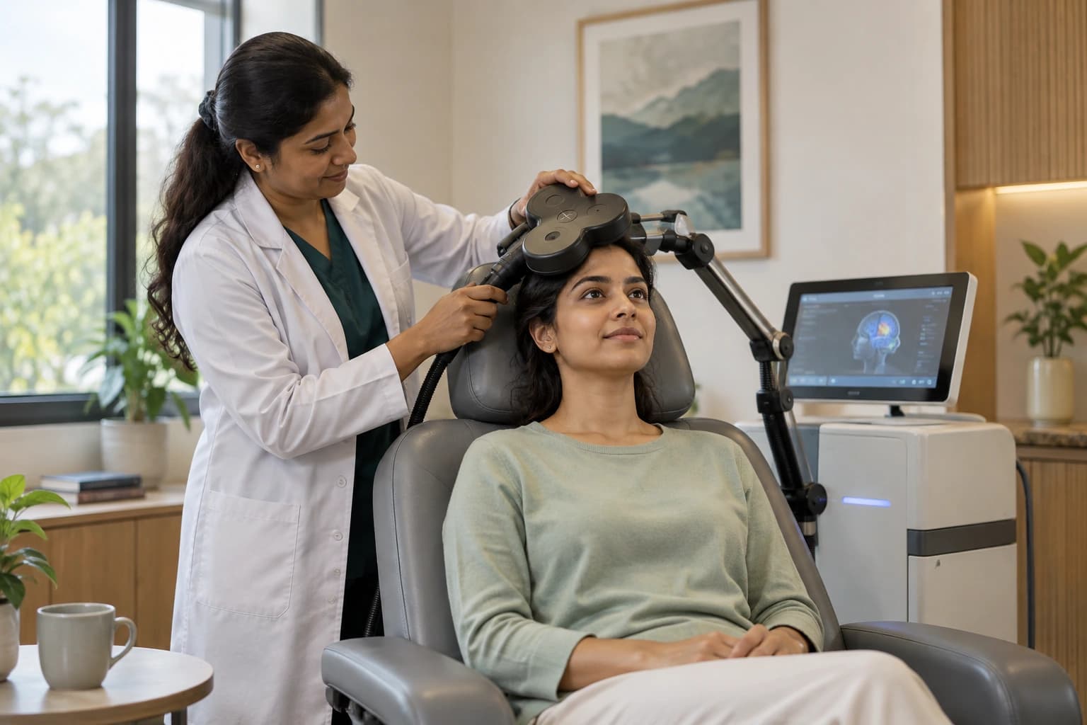 Patient seated awake during an rTMS treatment session while a clinician positions the treatment coil