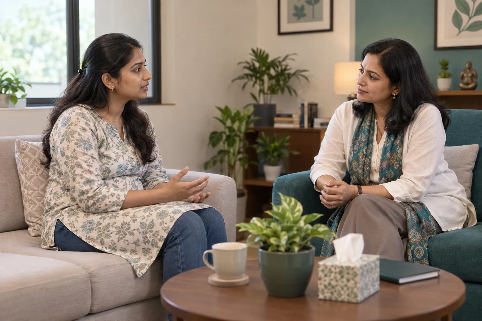 Mental-health clinician listening to a prospective surrogate candidate during a supportive psychological assessment