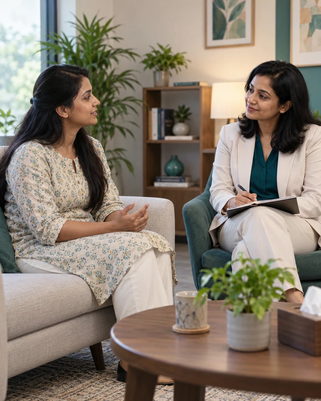 Prospective surrogate candidate speaking privately with a mental-health clinician during a psychological evaluation