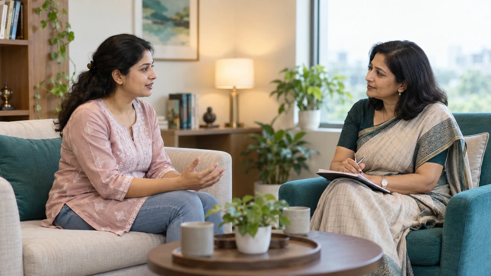 Specialist mental-health clinician speaking with a prospective surrogate candidate in a private consultation setting
