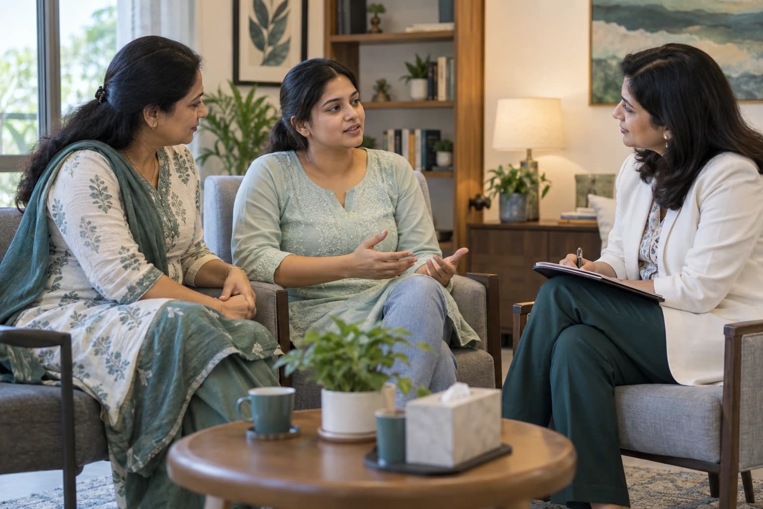 Prospective surrogate candidate and support person speaking with a clinician about support and expectations